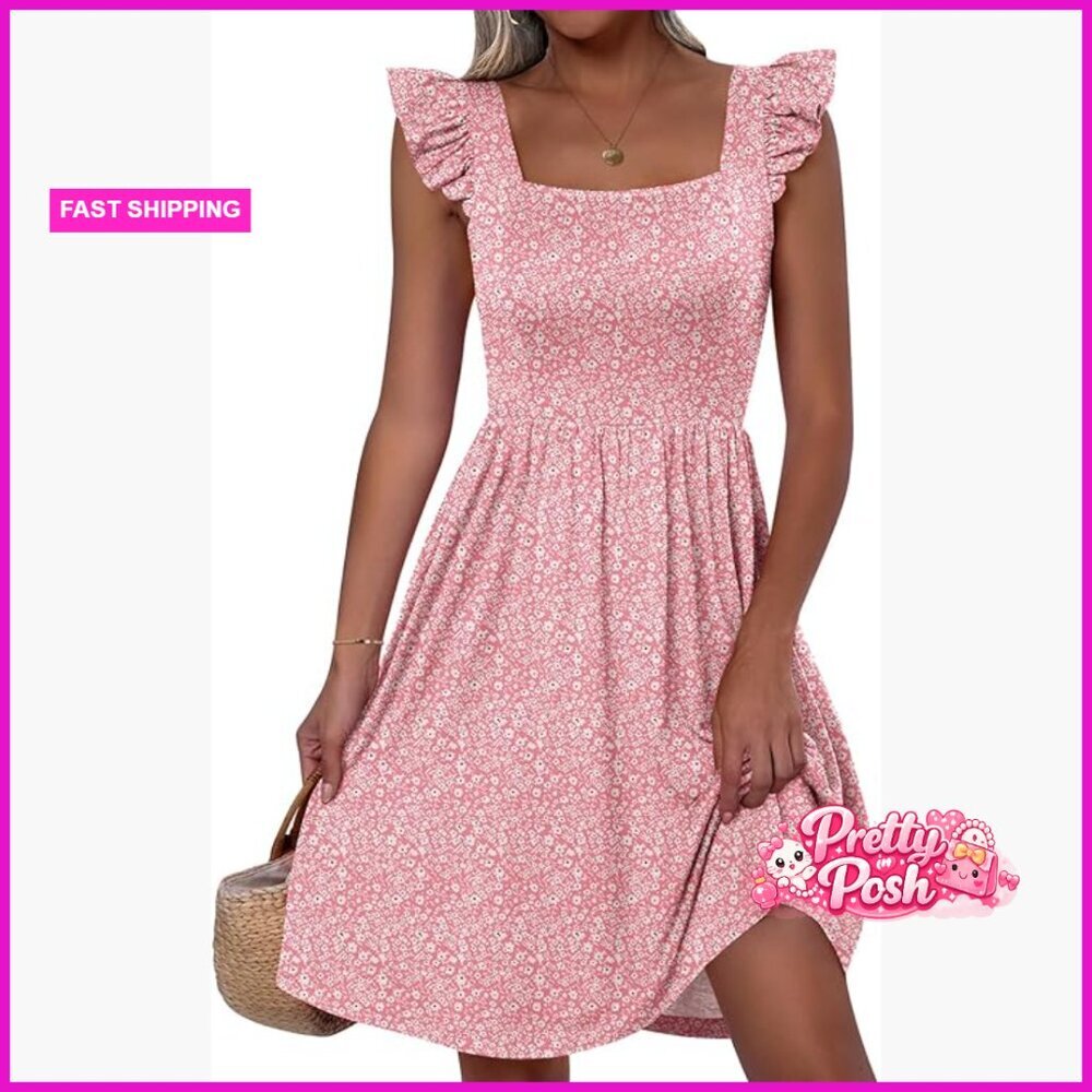 Rayon Polyester Spandex Square Neck Sleeveless A-Line Mini Sundress